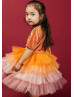 Elbow Sleeves Orange Velvet Ombre Tiered Tulle Flower Girl Dress